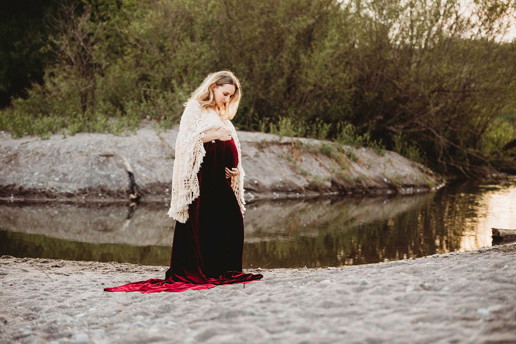 Crochet Velvet Red Boho Gown - 