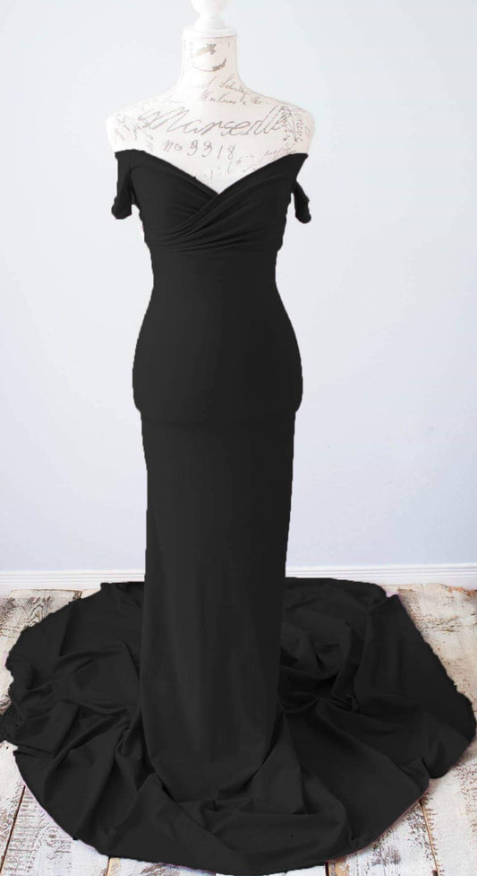 Black Off Shoulder Fitted Maternity Gown - maternity photoshoot dress