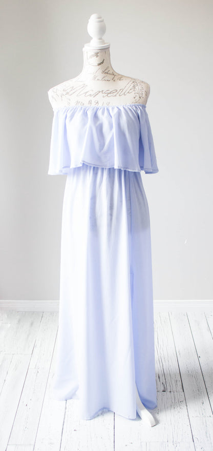 Light Blue Ruffle Off Shoulder Gown - maternity photoshoot dress