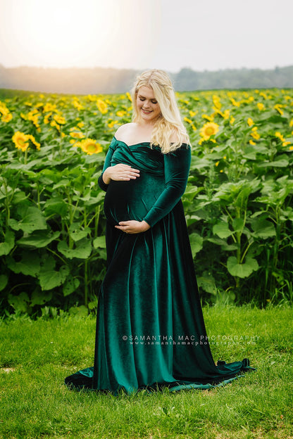 Green Velvet Maternity Gown - maternity photoshoot dress