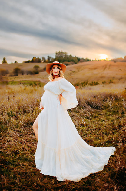 Ivory Ruffle Me Open Reclamation Gown - maternity photoshoot dress