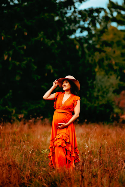 Rust Ruffle Maxi Dress -XL - maternity photoshoot dress