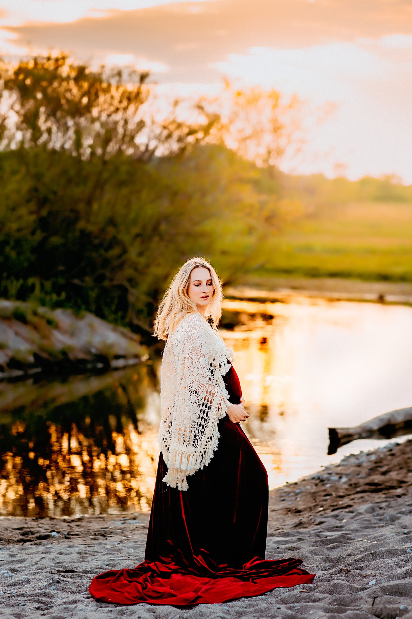 Crochet Velvet Red Boho Gown - 