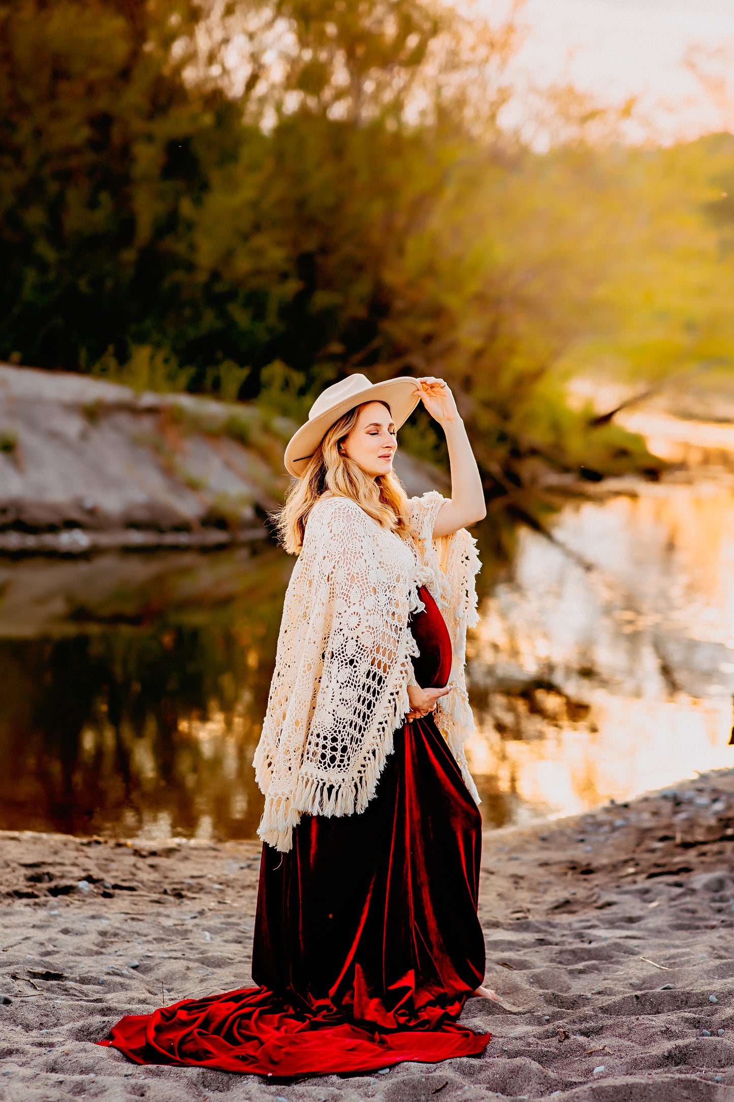 Crochet Velvet Red Boho Gown - 