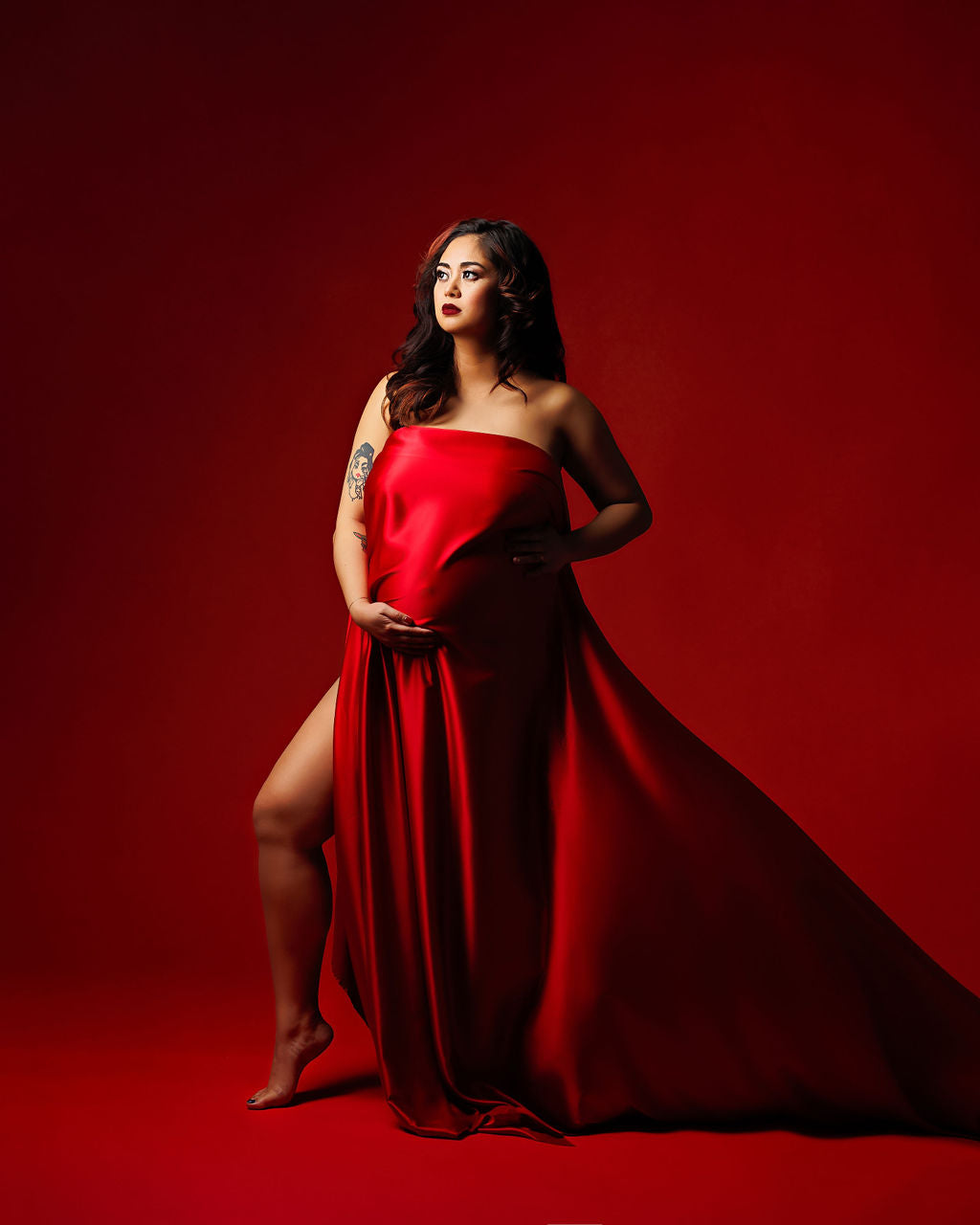 Red Satin Tossing Fabric - maternity photoshoot dress