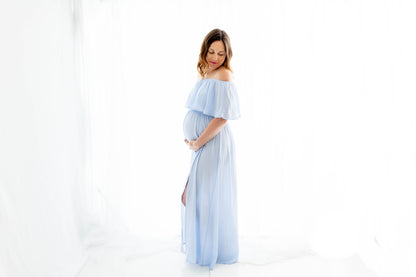 Light Blue Ruffle Off Shoulder Gown - maternity photoshoot dress