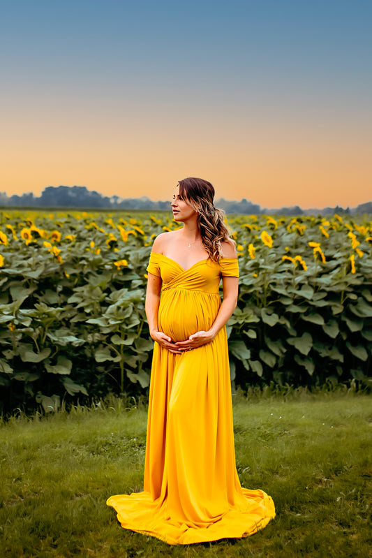 Yellow small floral with lace collar button up high-low maternity dress  with short sleeves - NikaCouture