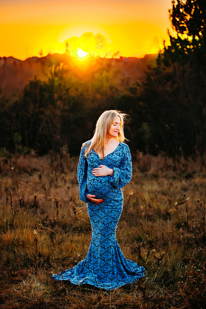 Denim Floral Fitted Maternity Gown - maternity photoshoot dress