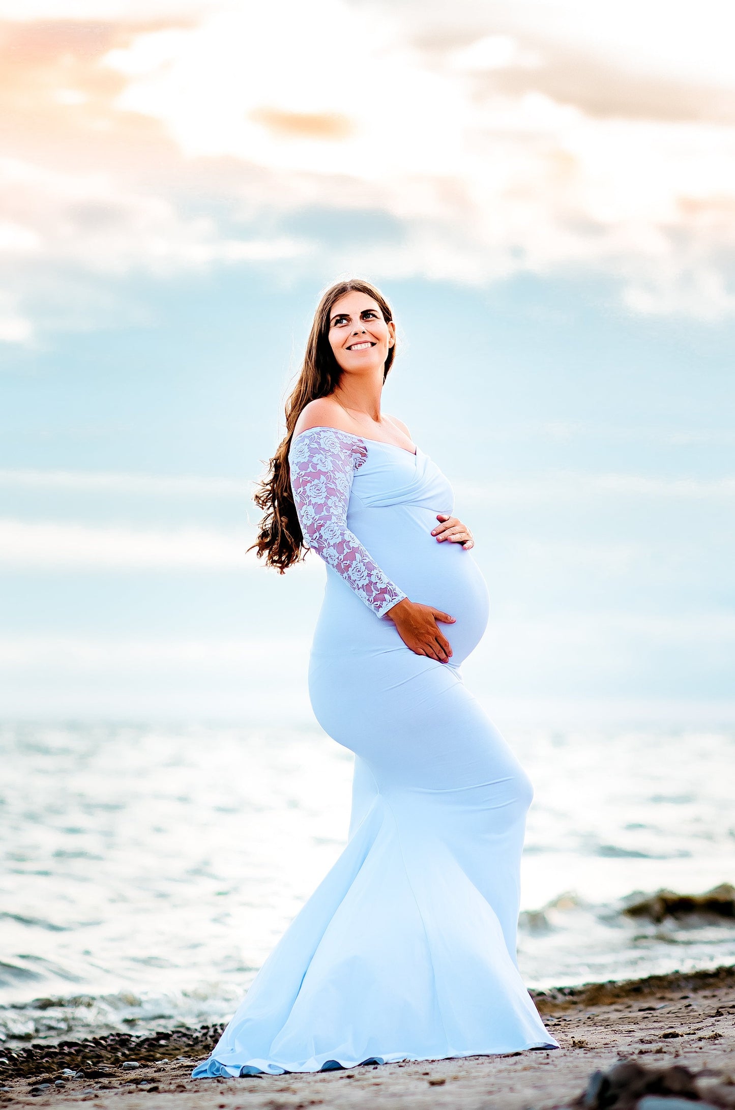 White Fitted Lace Sleeves - maternity photoshoot dress