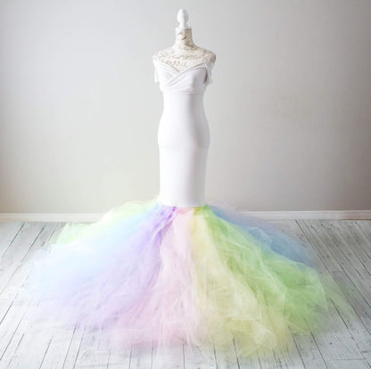 White Rainbow Tulle Mermaid Gown - maternity photoshoot dress