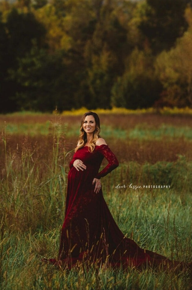 Burgundy Lace Aniela Gown - maternity photoshoot dress