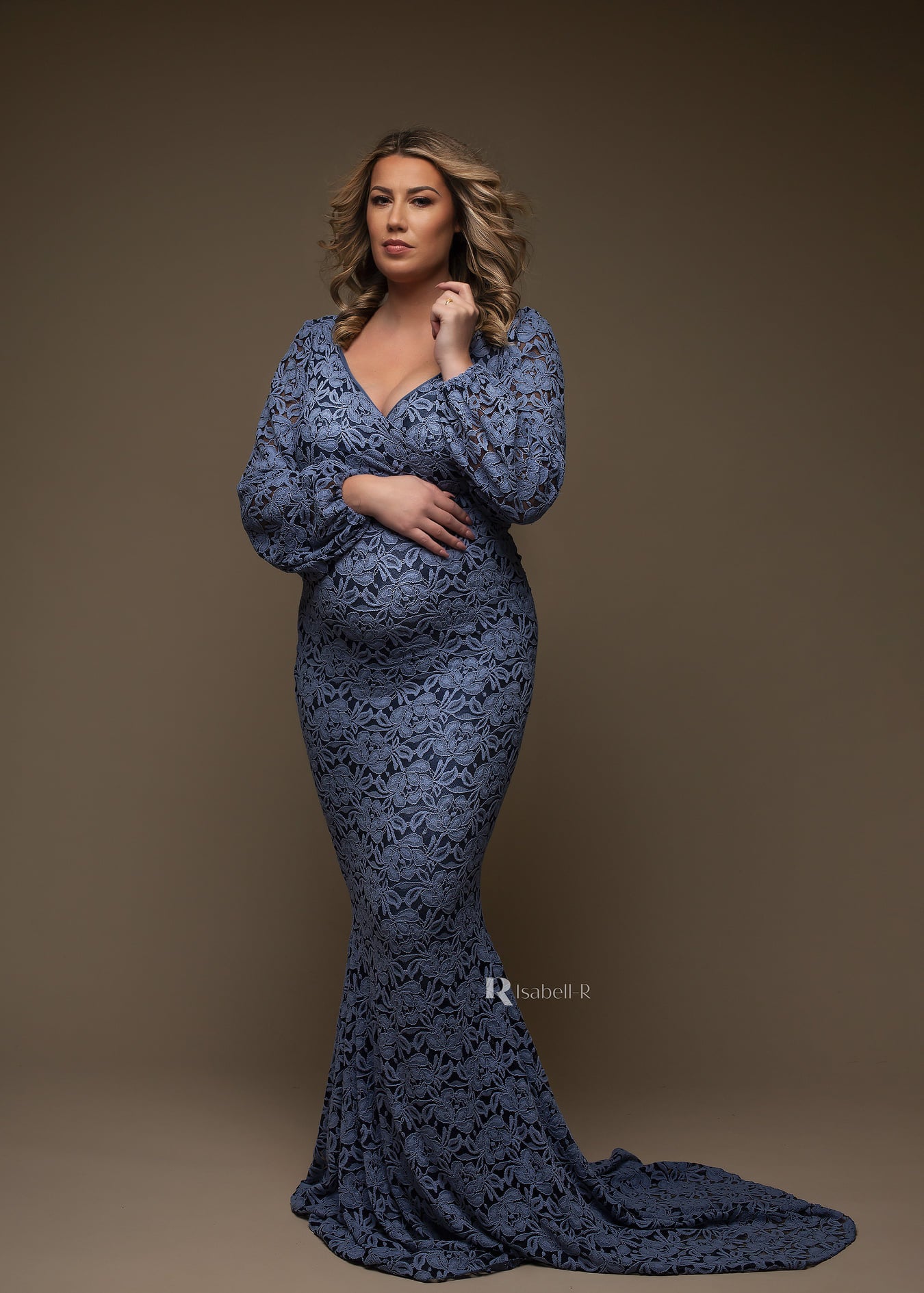 Denim Floral Fitted Maternity Gown - maternity photoshoot dress