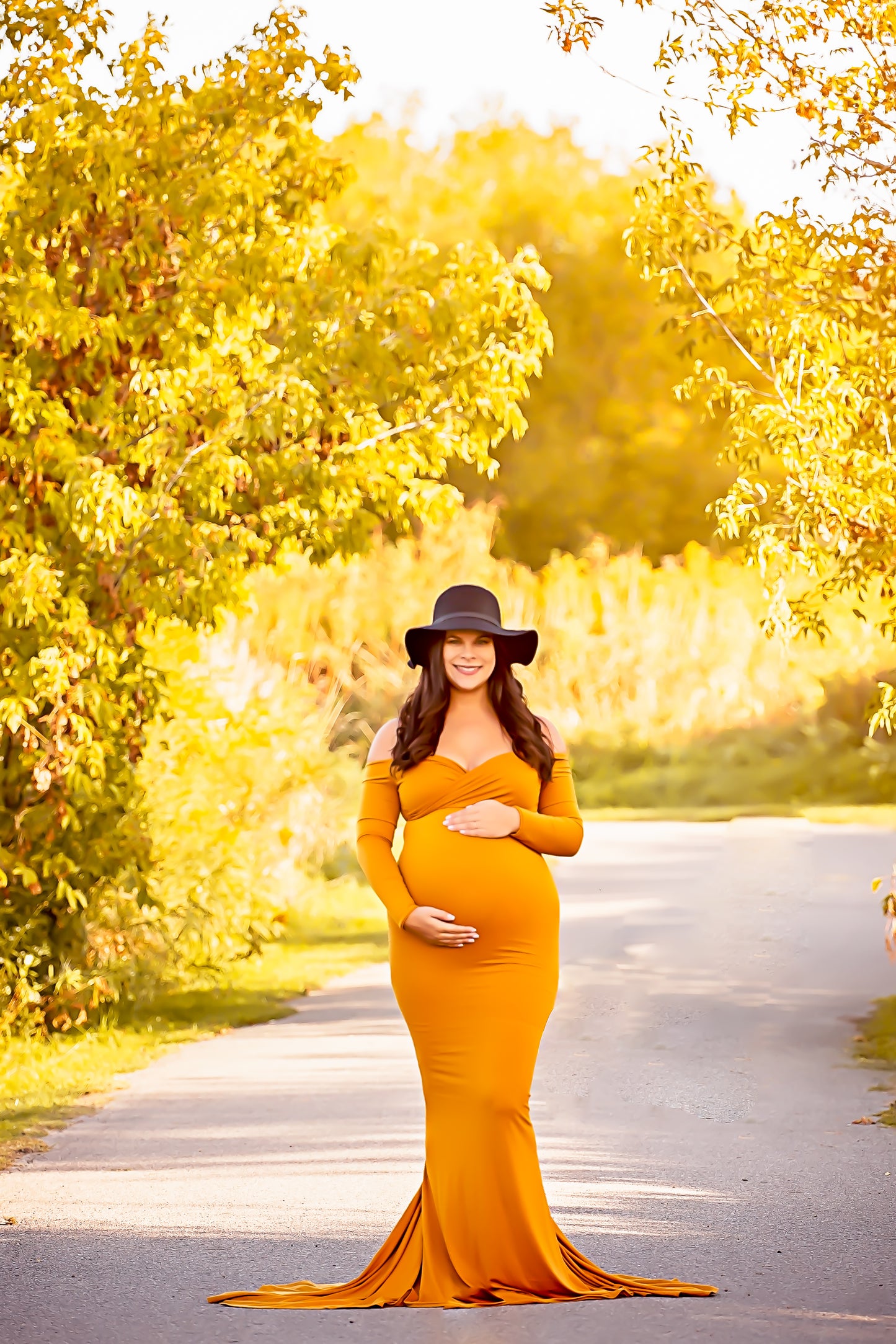 Mustard Yellow Fitted Gown - maternity photoshoot dress