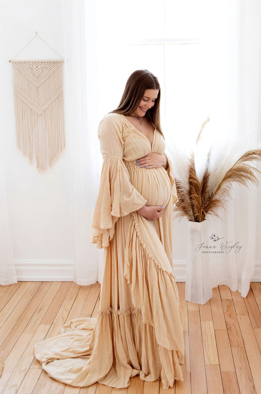 Off Shoulder Sheer Maternity Gown  Maternity Photoshoot Gowns – Plum and  Peaches