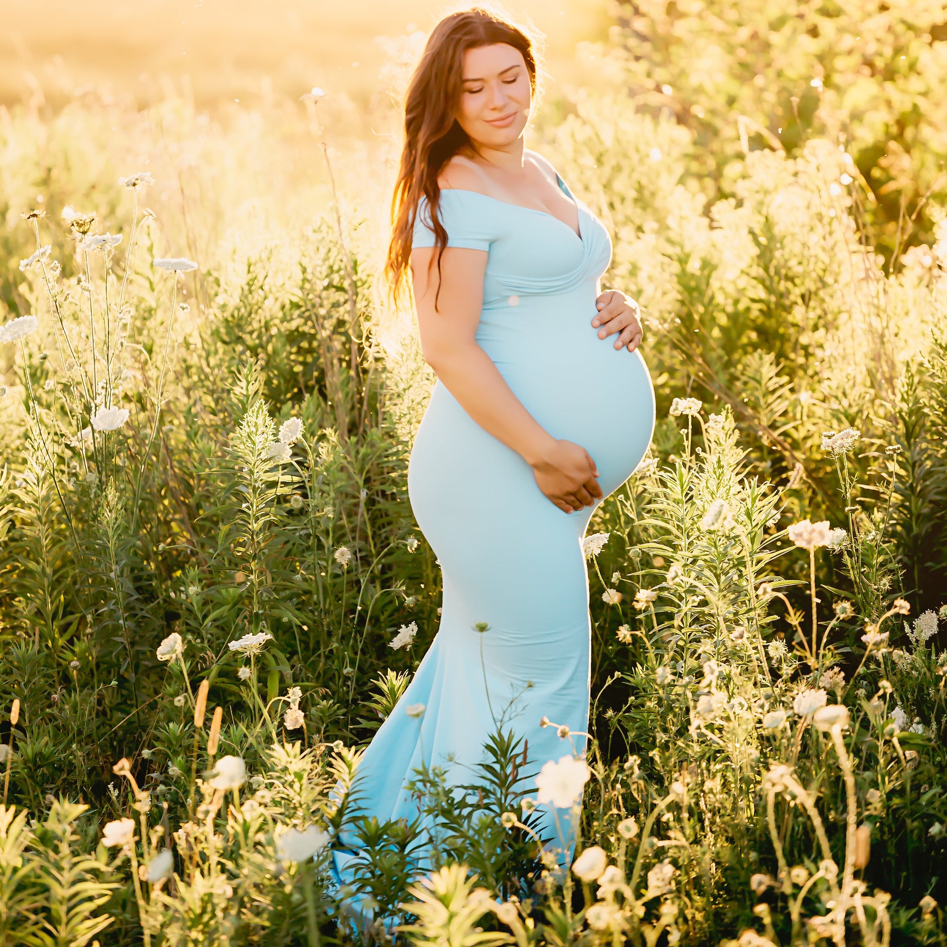 Light Blue Off Shoulder Fitted Maternity Gown - maternity photoshoot dress
