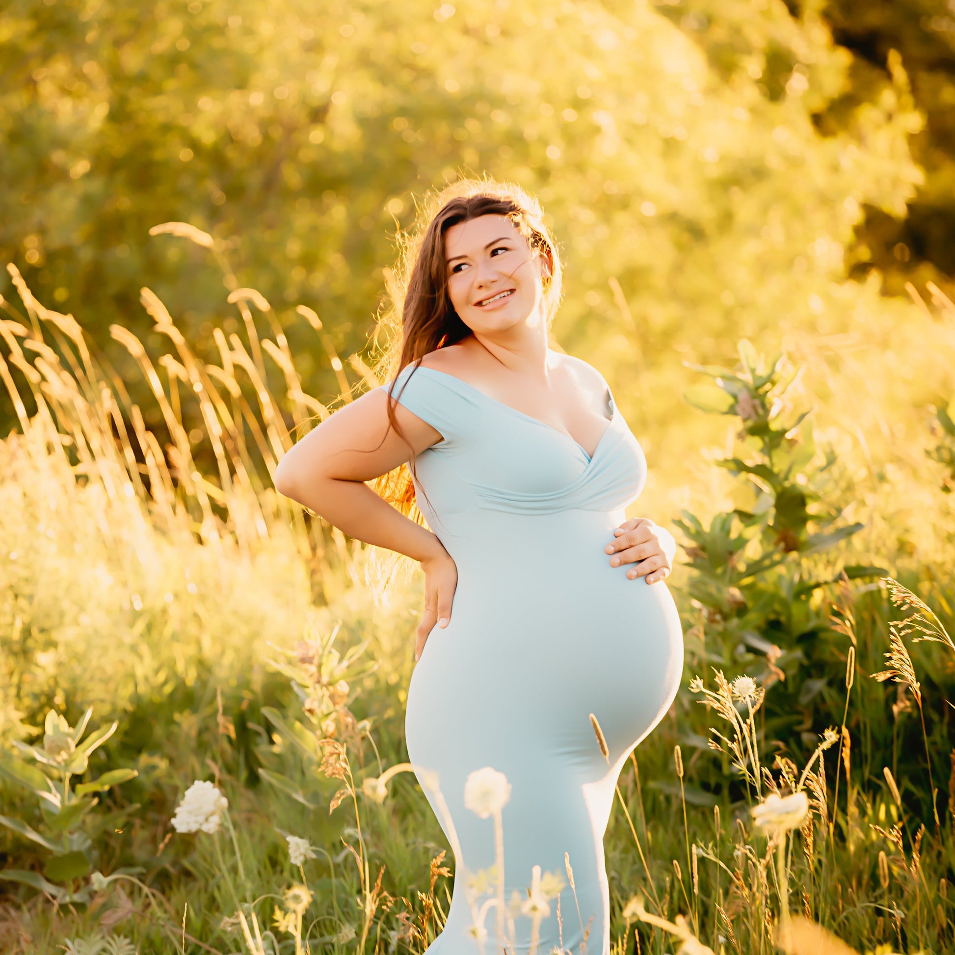 Light Blue Off Shoulder Fitted Maternity Gown – Sugar Bump Gown Rentals