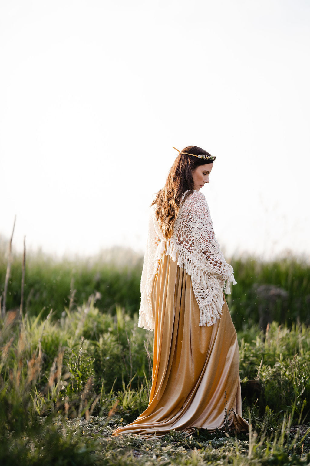 Crochet Velvet Boho Golden Gown - 