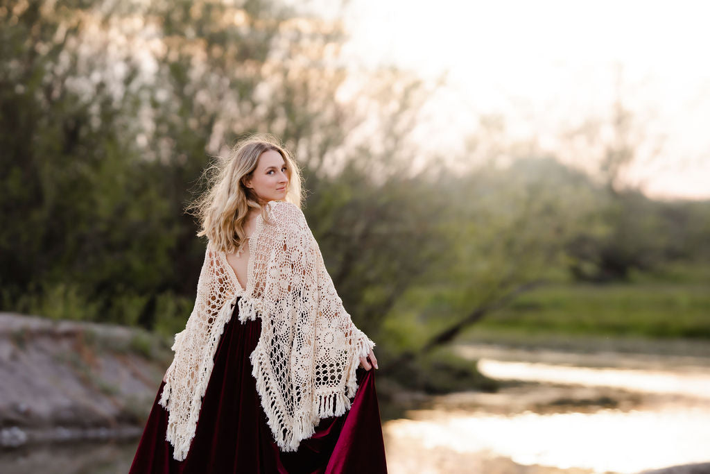 Crochet Velvet Red Boho Gown - 