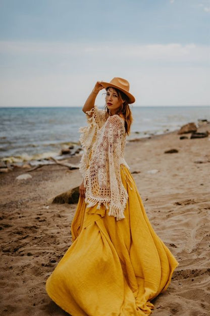 Crochet Cotton Boho Ginger Yellow Gown - 