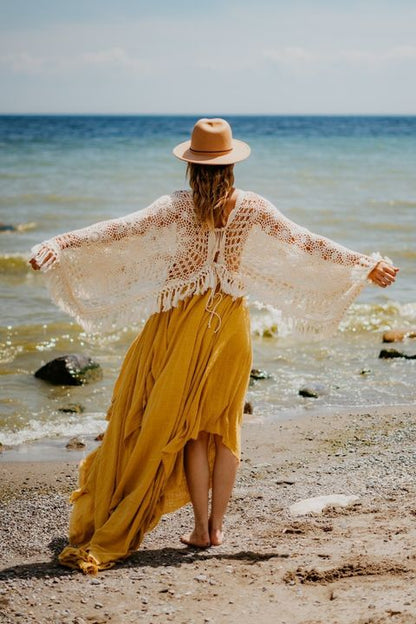 Crochet Cotton Boho Ginger Yellow Gown - 