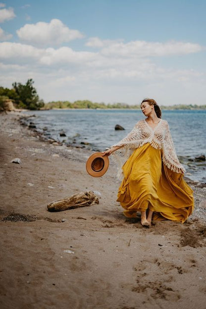 Crochet Cotton Boho Ginger Yellow Gown - 