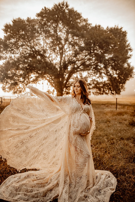 Lace Boho Gown with Cape - maternity photoshoot dress