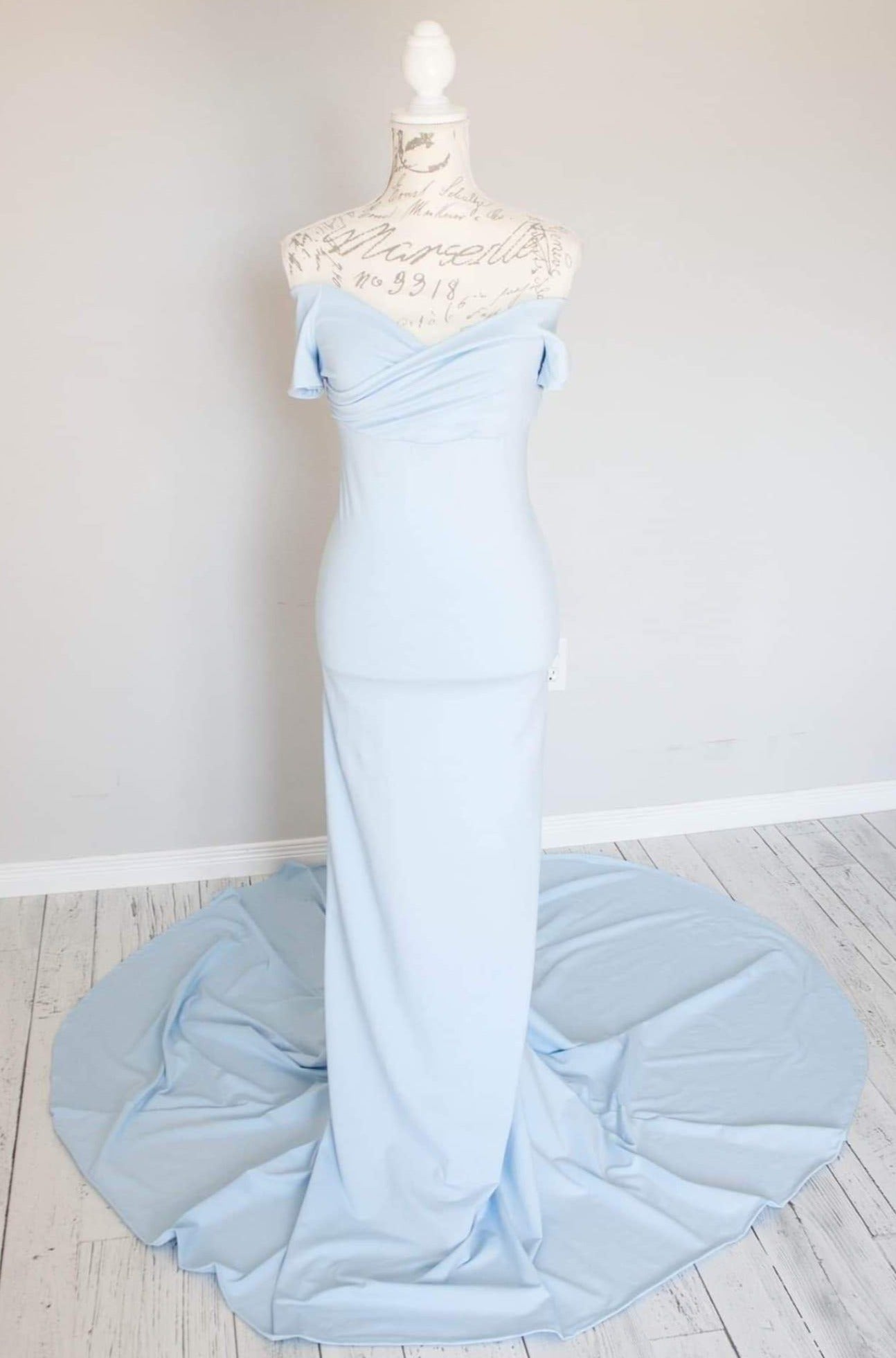 Light Blue Off Shoulder Fitted Maternity Gown Sugar Bump Gown