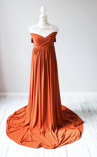 Burnt Orange Flowy Gown - maternity photoshoot dress