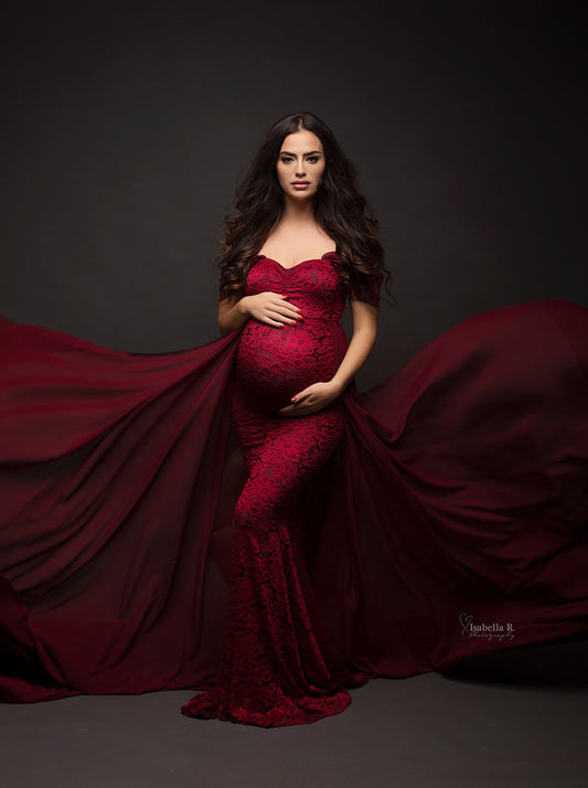 Red Lace Papoula Gown - maternity photoshoot dress