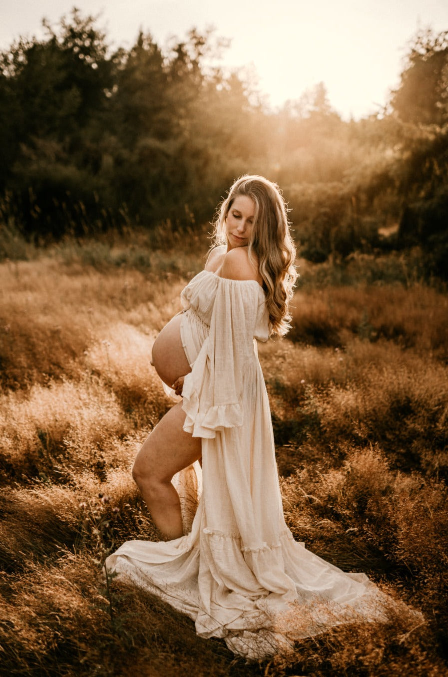 Ivory Ruffle Me Open Reclamation Gown - maternity photoshoot dress