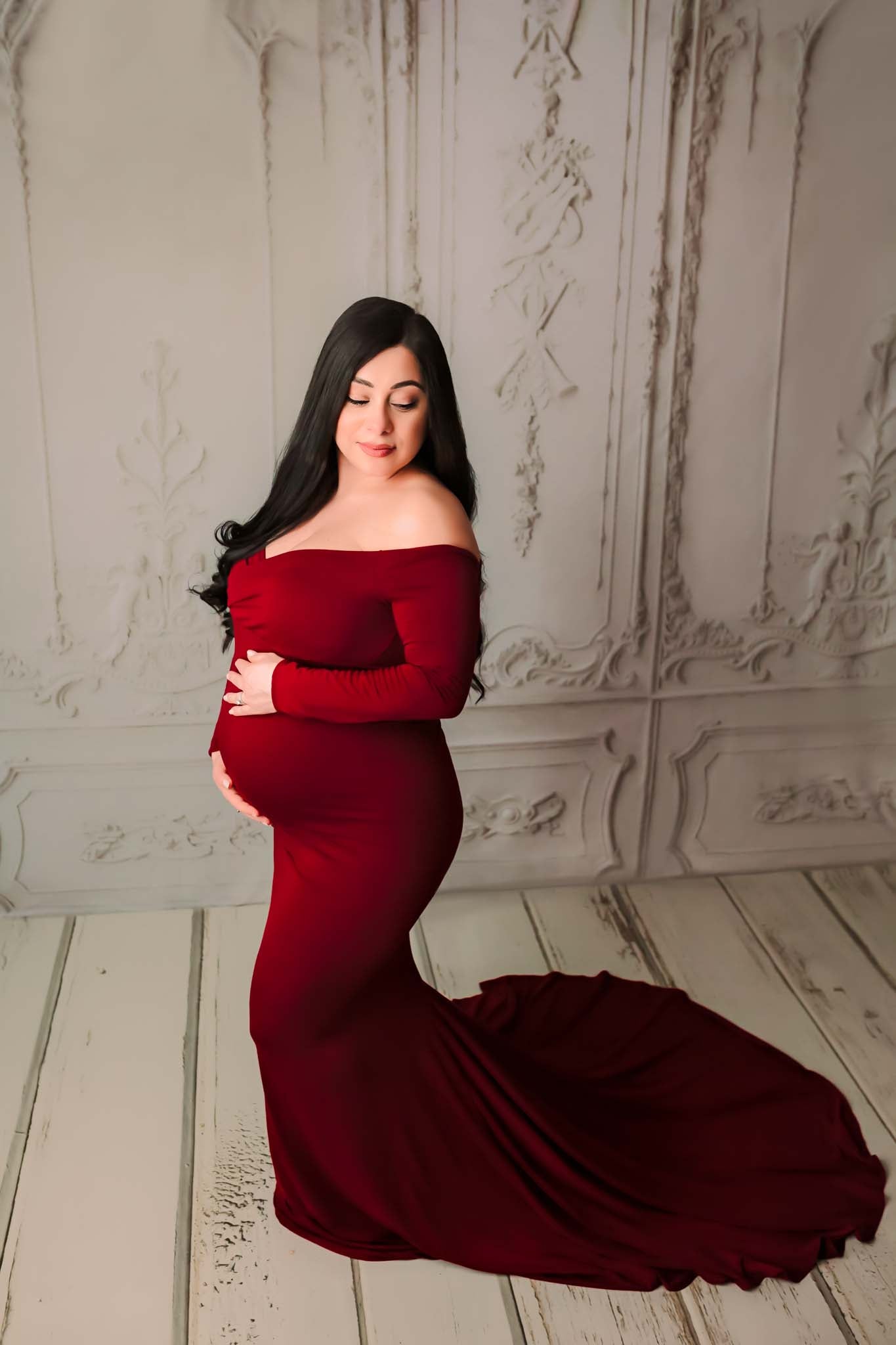 Dark Red Fitted Maternity Gown - maternity photoshoot dress