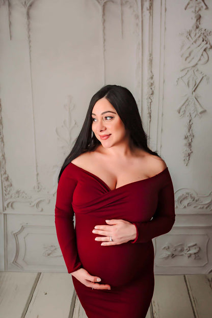 Dark Red Fitted Maternity Gown - maternity photoshoot dress
