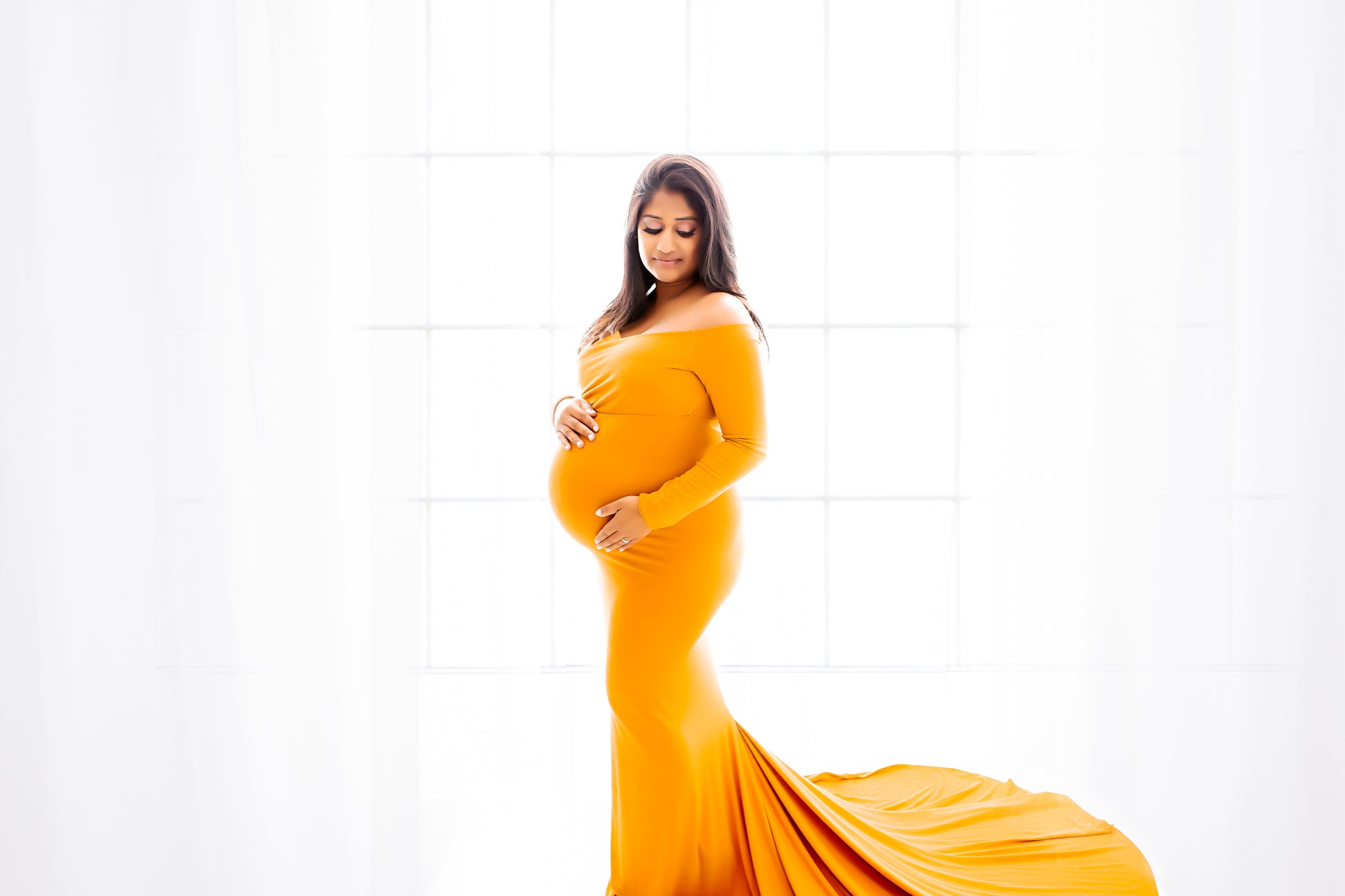 Mustard Yellow Fitted Gown - maternity photoshoot dress