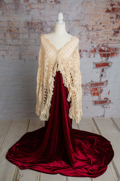 Crochet Velvet Red Boho Gown - 