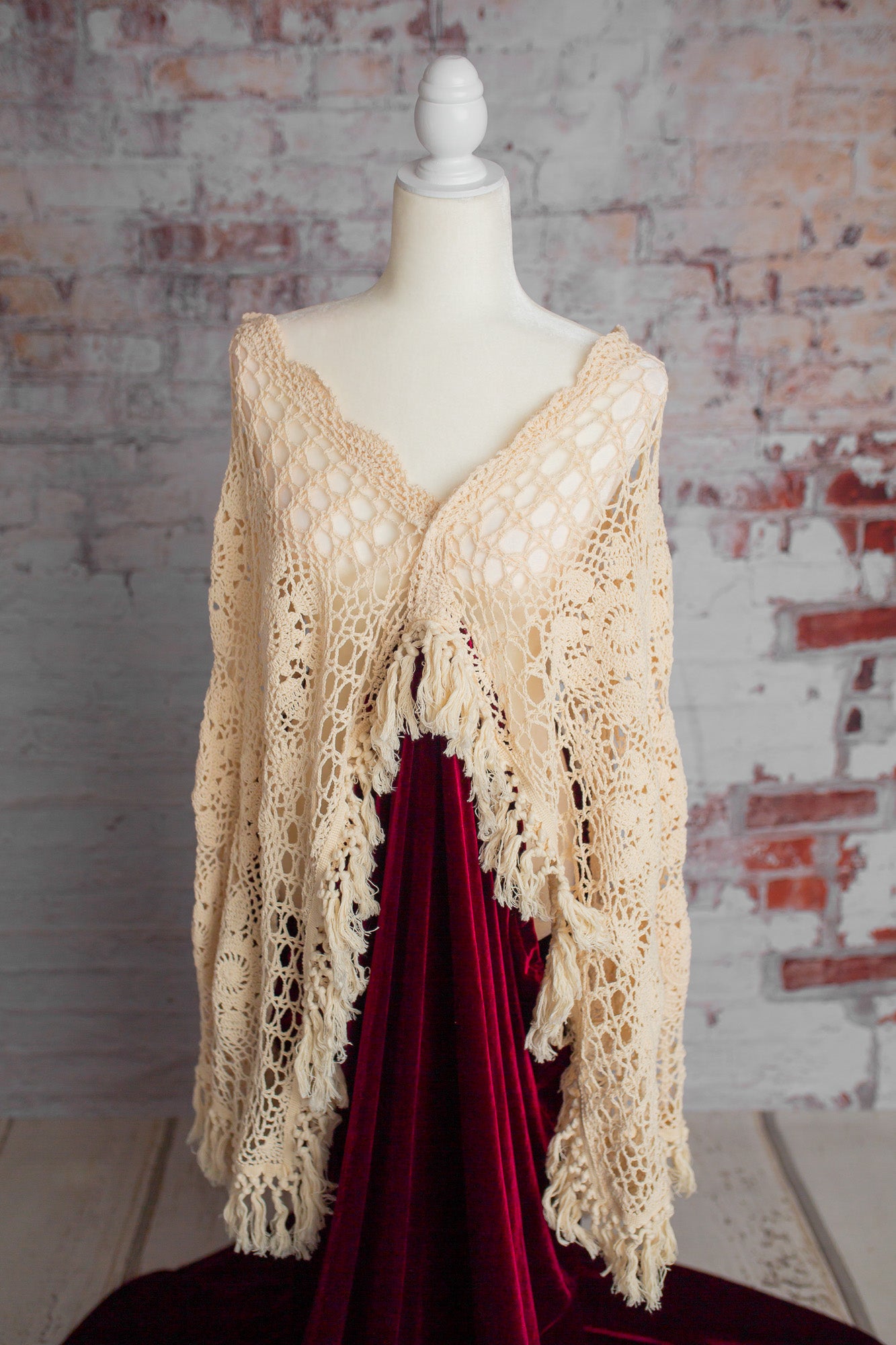 Crochet Velvet Red Boho Gown - 