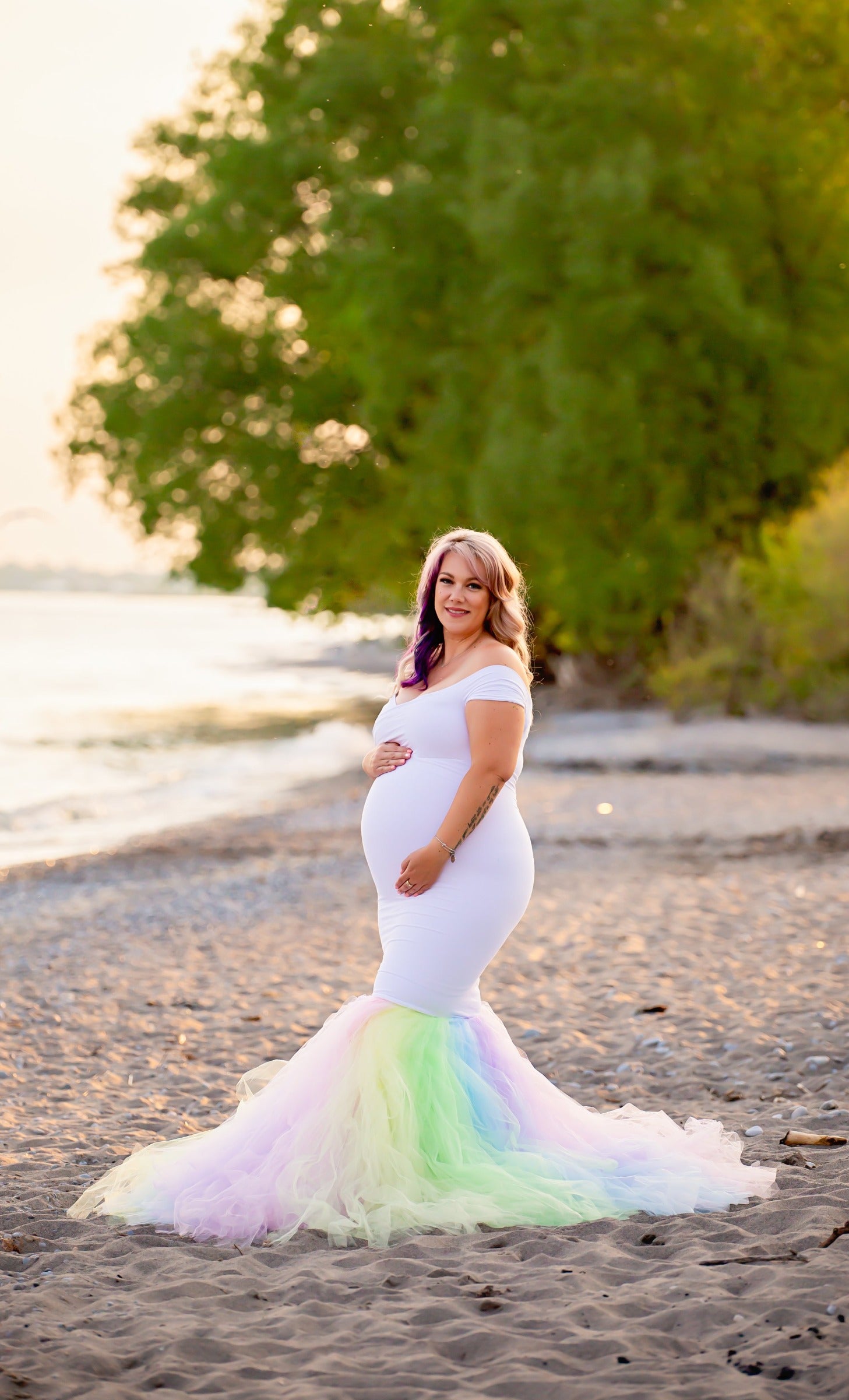 White Rainbow Tulle Mermaid Gown - maternity photoshoot dress